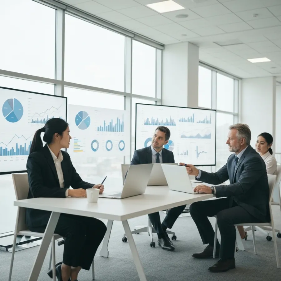 A business team in a meeting room reviewing performance charts and dashboards together
