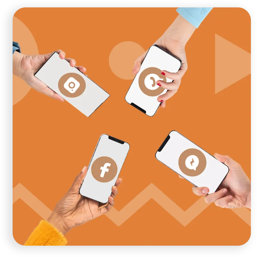 Four people holding smartphones displaying social media app icons on an orange background